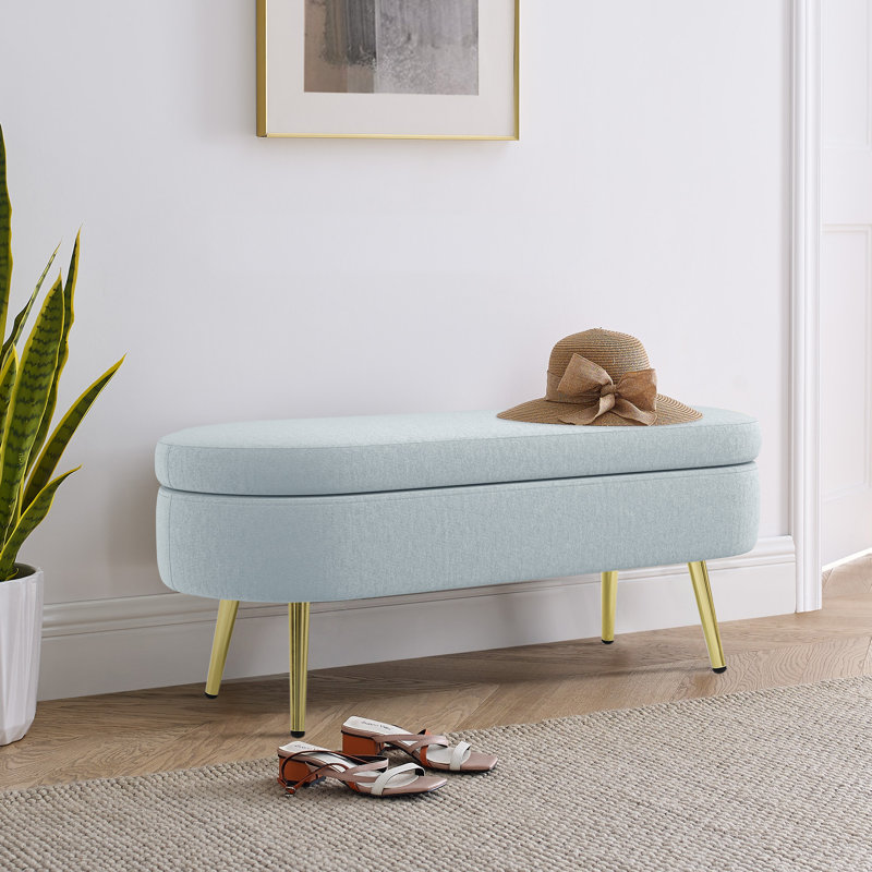 Banc de rangement ovale avec pieds en métal robustes, repose-pieds rembourré pour la chambre à coucher et le salon