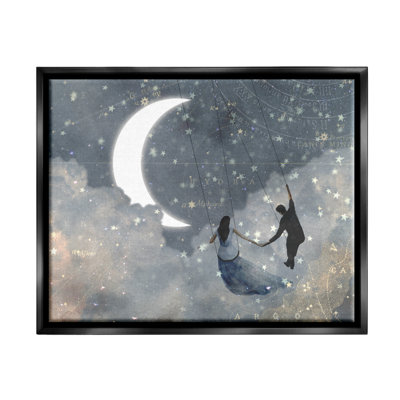 Toile grise et bleue, "Love Sky Swinging" par le croissant de lune et les étoiles, art mural par Victoria Borges