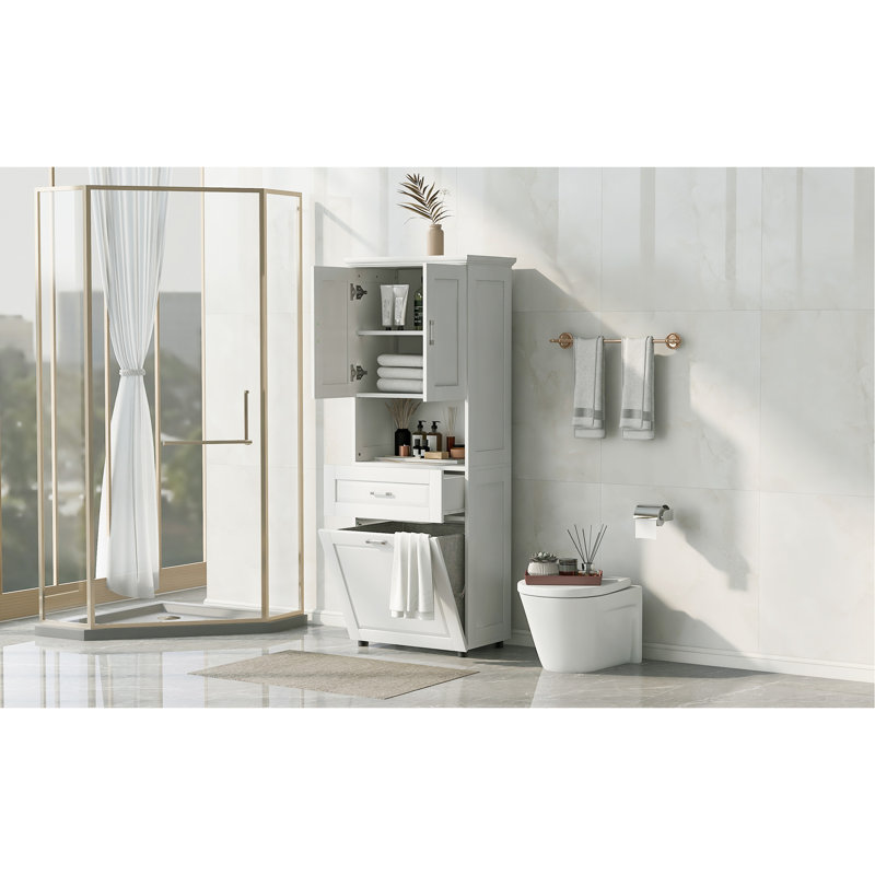 Tall Bathroom Cabinet With Laundry Basket, Large Storage Space Tilt-Out Laundry Hamper And Upper Storage Cabinet, White