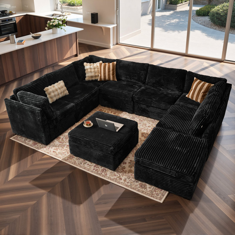 9-piece Modular U-shaped Sectional Plush Corduroy Sofa With Movable Ottoman, Black Plush Corduroy