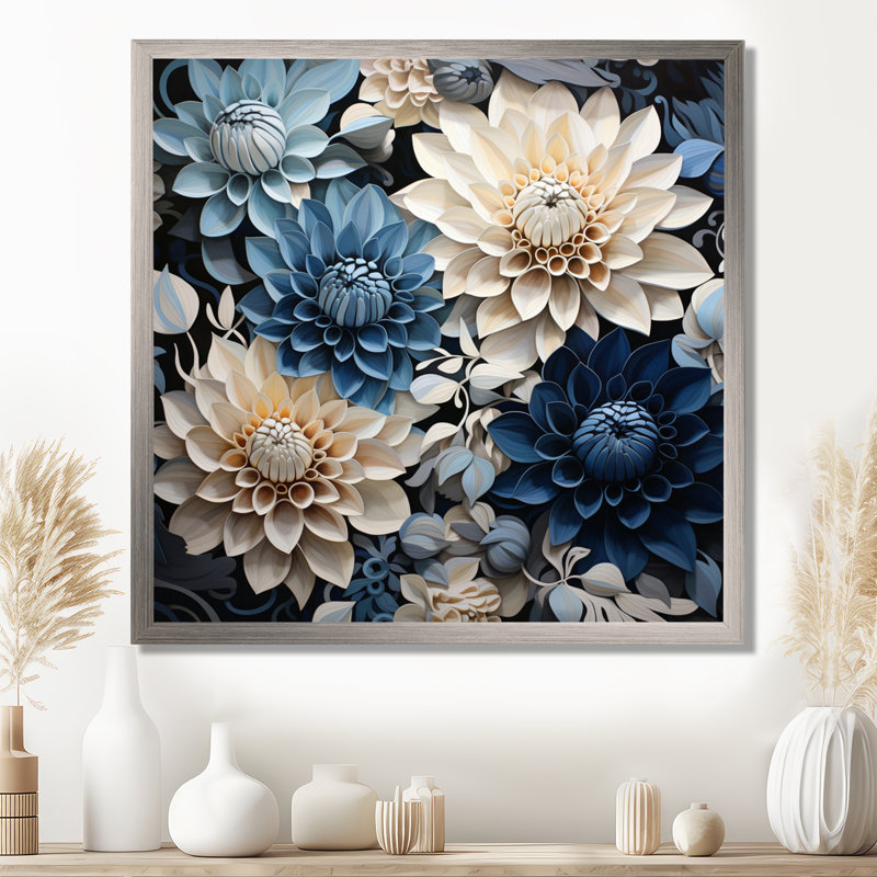 Décoration florale bleue et blanche - Dahlia, Black Picture Framed, 24" H x 24" W
