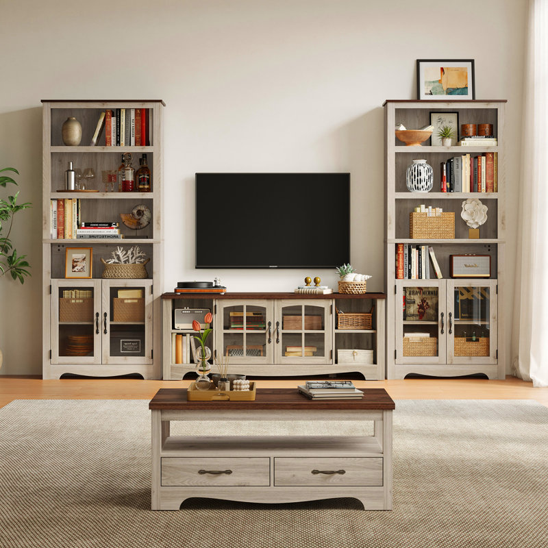 Callison Farmhouse Entertainment Center With Bookcases For 65'' TV, Modular Living Room TV Stand Set, Beige Wood