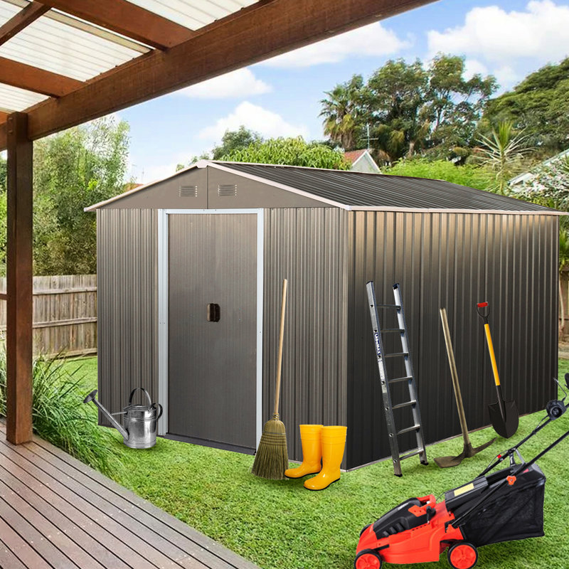Remise d'extérieur en métal de 8 x 10 pi - cadre en fer galvanisé gris, évents perforés, avec serrure et gants de 8 x 10 pi, construction, support durable, ancre de cadenas