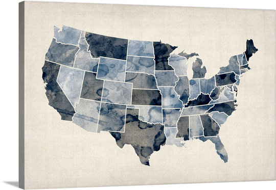 «Carte des États-Unis d'Amérique» par Bellen, impression, H 20 po x l 30 po x P 1,5 po, Toile