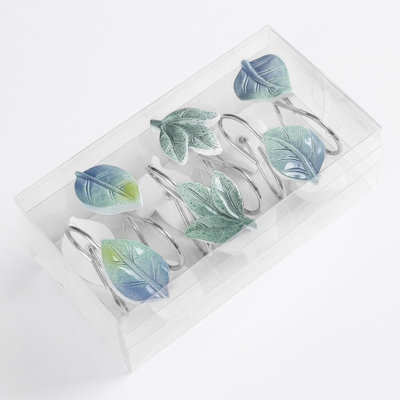 12 PCS feuilles crochets de rideau de douche, bleu plante feuille décorative crochets de rideau de douche en métal antirouille mignon anneaux de rideau de douche Eucalyptus accessoires de décoration de salle de bain