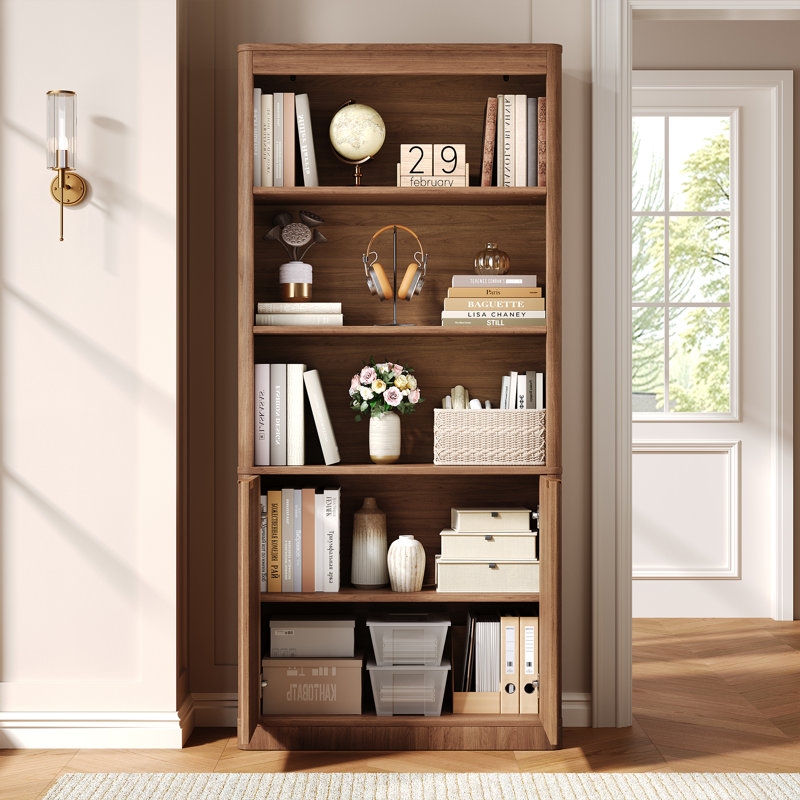 Bibliothèque cannelée de 182 cm (71,6 po), armoire de rangement autoportante avec étagères ouvertes et armoire fermée, Noyer