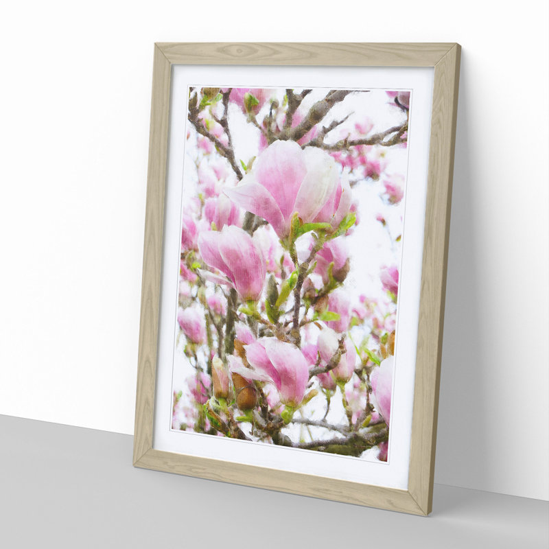 Pink Magnolia Blossom Flowers - Framed Print, 36cm H x 27cm W x 2cm D, Oak Framed