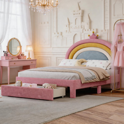 Lit simple pour enfant rose avec tête de lit arc-en-ciel et tiroir de rangement
