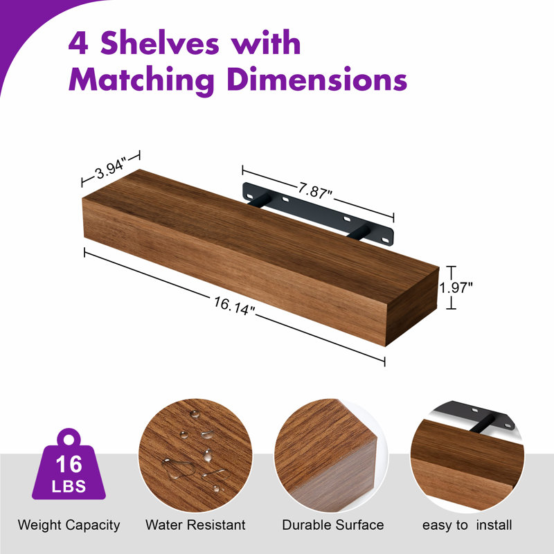 Set of 4 Wooden Floating Wall Shelves for Bathroom, Kitchen, Living Room, 1.97" H x 16.14" W x 3.94" D