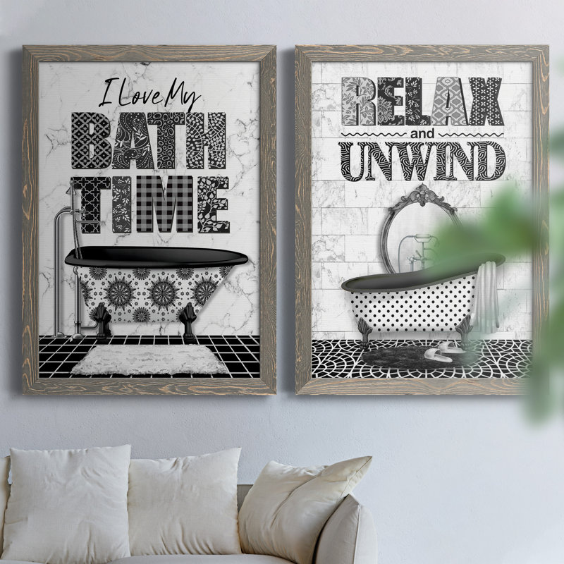 «Bath Time», ensemble de 2 encadrements d'art textuel sur toile, H 31 po x l 44 po x P 1 po, Toile avec cadre gris