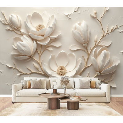 Papier peint à peler et à coller Élégant mur de fleurs de magnolia blanches délicates branches murales à texture douce, H 69 po x l 96 po, papier peint amovible en PVC, adhésif mural pour chambre à coucher, bureau à domicile