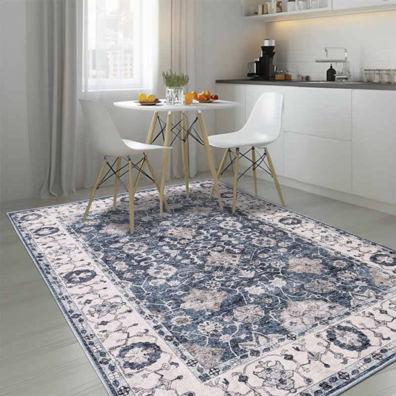 Emric Oriental Cotton Machine Printed Area Rug, Blue, Rectangle 120 x 170 cm