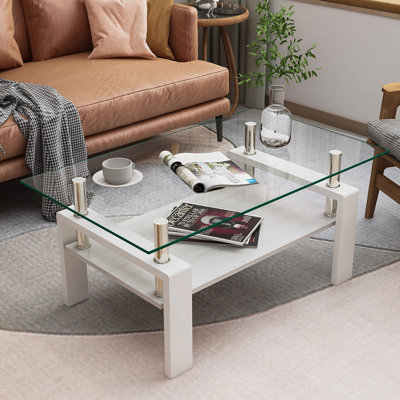 Table basse rectangulaire, plateau en verre trempé avec panneau de fibres à densité moyenne