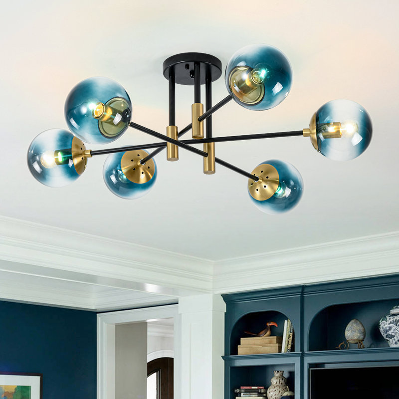Glass Bubble Sputnik Semi Flush Chandelier, Blue