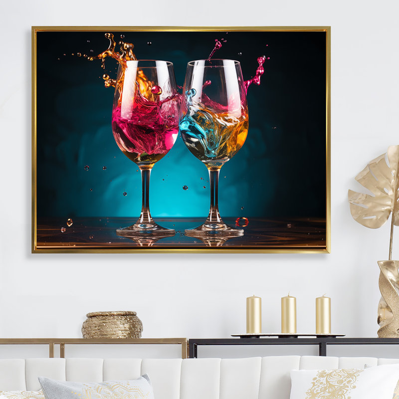 «Whimsical Cheers - Wine», art mural champagne, Cadre flottant doré, H 12 po x l 20 po x P 1 po