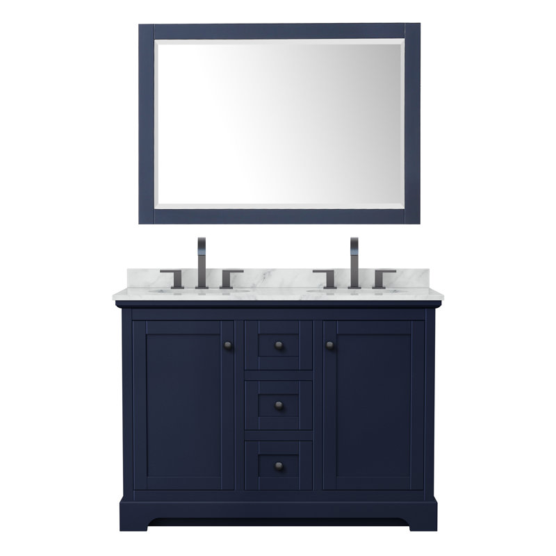 Avery 48'' Double Bathroom Vanity with Marble Top, Dark Blue, Matte Black