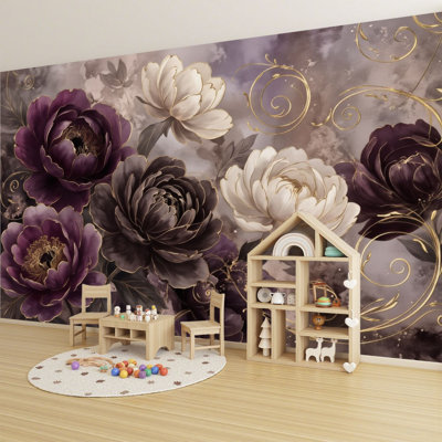 Peel and Stick Wallpaper Luxurious Dark Purple Gold Floral Elegant Peonies Abstract Wall Murals 100"H x 144"W Removable PVC Wall Paper Self-Adhesive Wall Decor for Bedroom Living Room Home Office