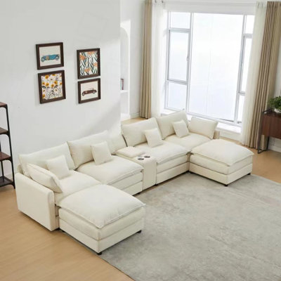 148-inch seven-piece sofa set, with a center console, coffee table and six pillows, suitable for spacious living rooms and meeting rooms.
