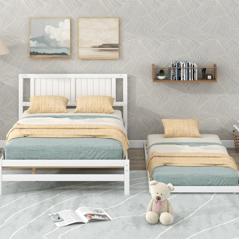 Lit plateforme blanc avec lit gigogne réglable en bois de pin et taille combinée faite de matériaux solides, White