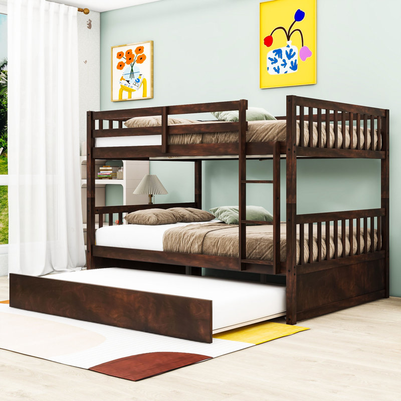 Full Over Full Wood Bunk Bed With Trundle, Ladder And Guardrails