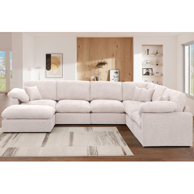 Reversible 7-Piece Corner Sectional Couch, Chenille Cloud Sofa With Removable Ottoman