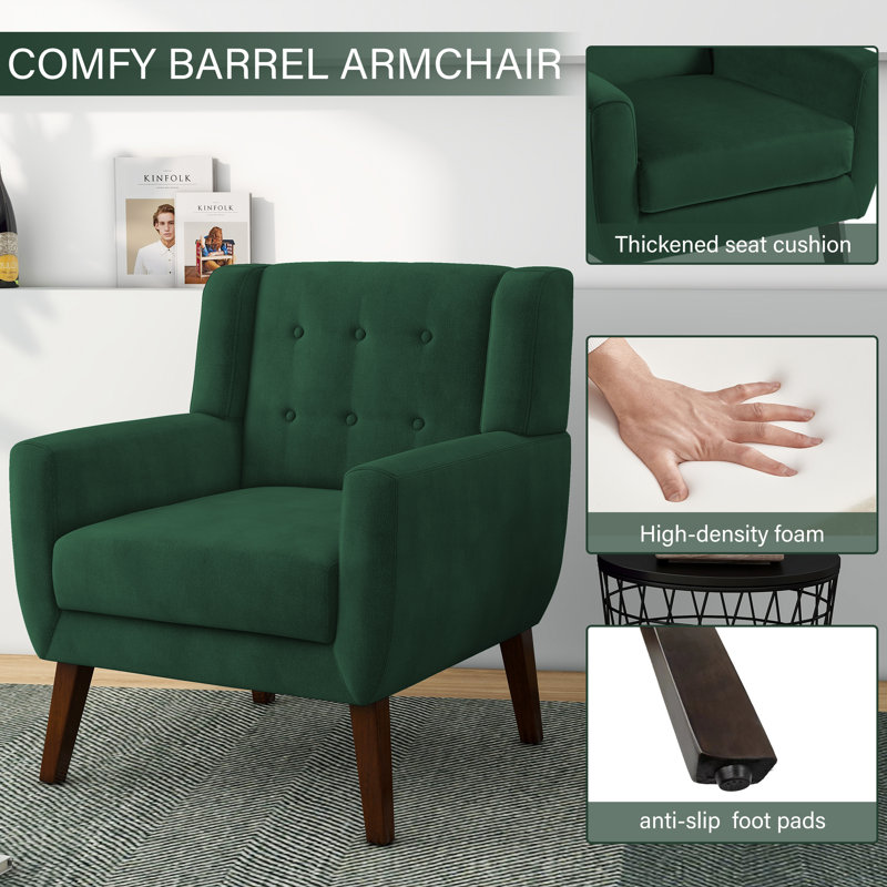 Jaqueze Upholstered Retro Green Velvet Tufted Wide Back Armchair with Solid Wood Leg, Retro Green Performance Velvet