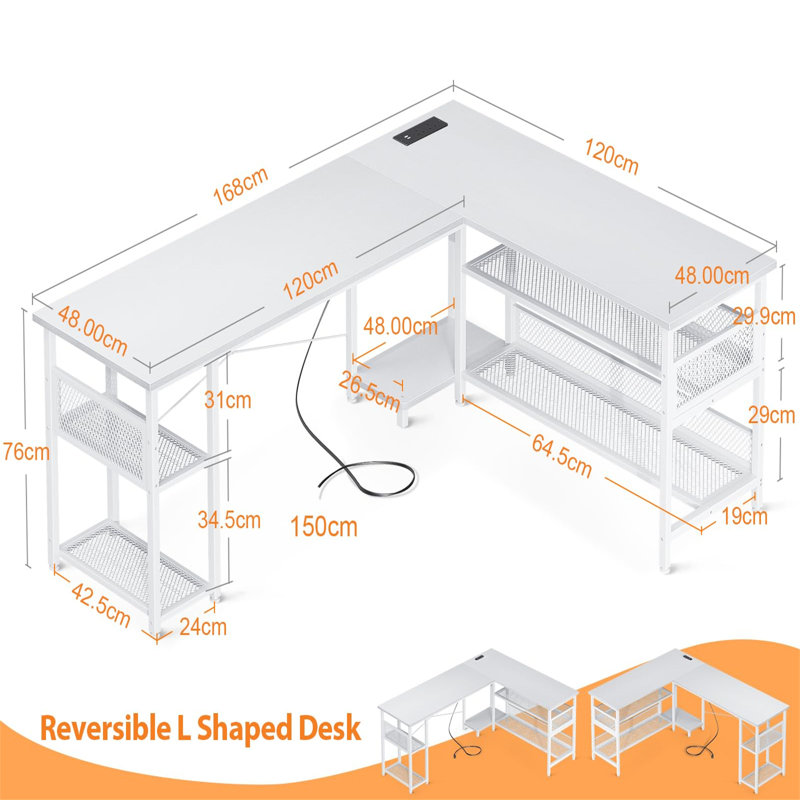 Computer Desk with Power Outlet, White