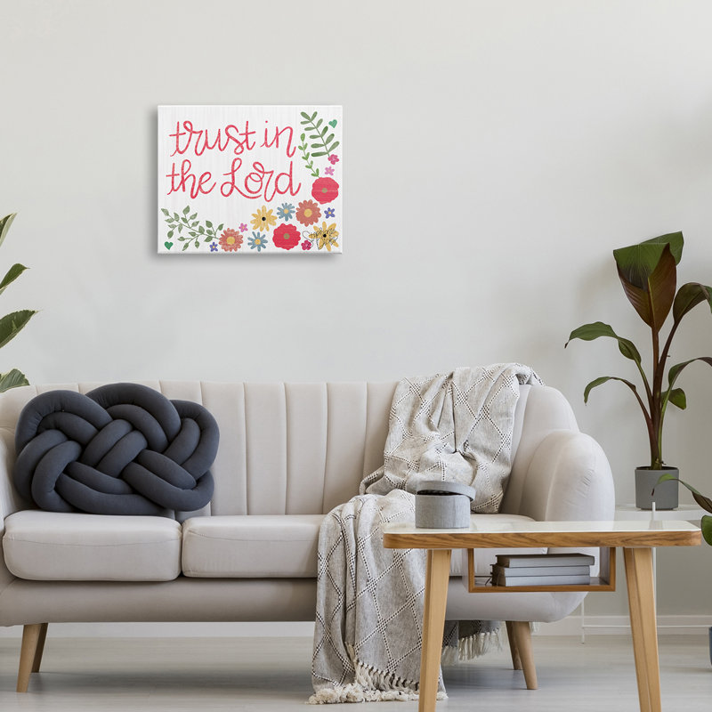 «Trust the Lord», calligraphie religieuse, fleurs mignonnes par Stephanie Dicks, Toile tendue, H 16 po x l 20 po x P 1,5 po