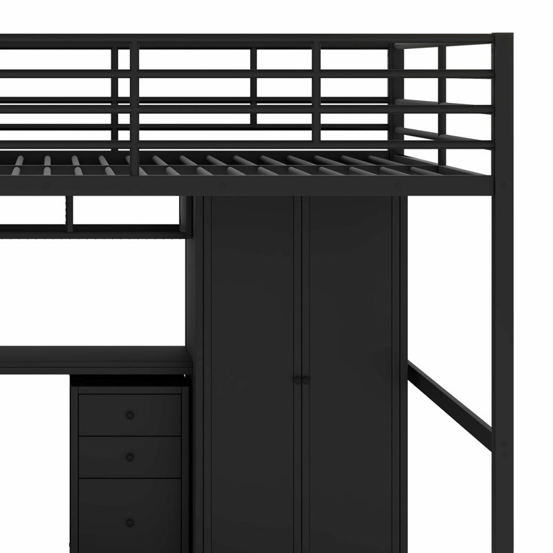 Lit mezzanine en métal avec ensemble de table et garde-robe