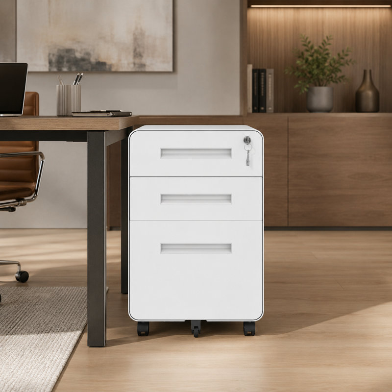 Steel 3-Drawer Rolling File Cabinet with Lock, Metal Under Desk Storage Cabinet on Casters for Home Office, Fully Assembled