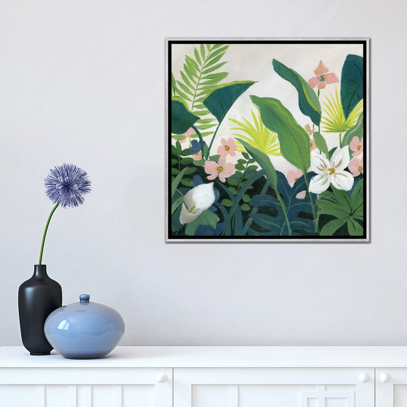 «Tropics» par Nan - reproduction imprimée, Encadrement argenté, H 18 po x l 18 po x 1,5 po