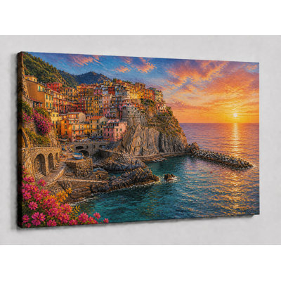 Large Cinque Terre Italy Coastal Village Wall Art Colorful Cliffside Seaside Painting for Living Room Bedroom Decor 24x36 Inch Frameless Canvas Print - Ready to hang