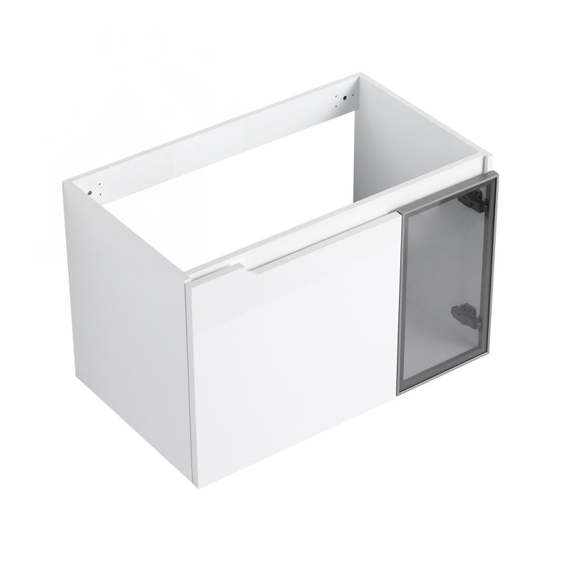 Meuble-lavabo mural de 30 po avec portes à fermeture en douceur, finition blanc brillant et demi-porte en verre gris, fabrication en contreplaqué durable