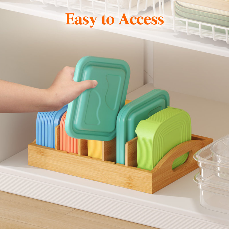 Organisateur de couvercle en bambou pour l'intérieur de l'armoire, support de couvercle de contenant alimentaire avec 4 insertions réglables et 5 sections, organisateur de garde-manger et rangement, 10,6 po x 8,3 po
