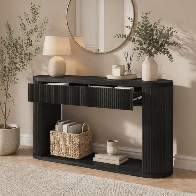 Console ovale cannelée avec 2 tiroirs et tablette inférieure, table d'entrée en bois avec glissières en métal lisse pour le salon et le vestibule
