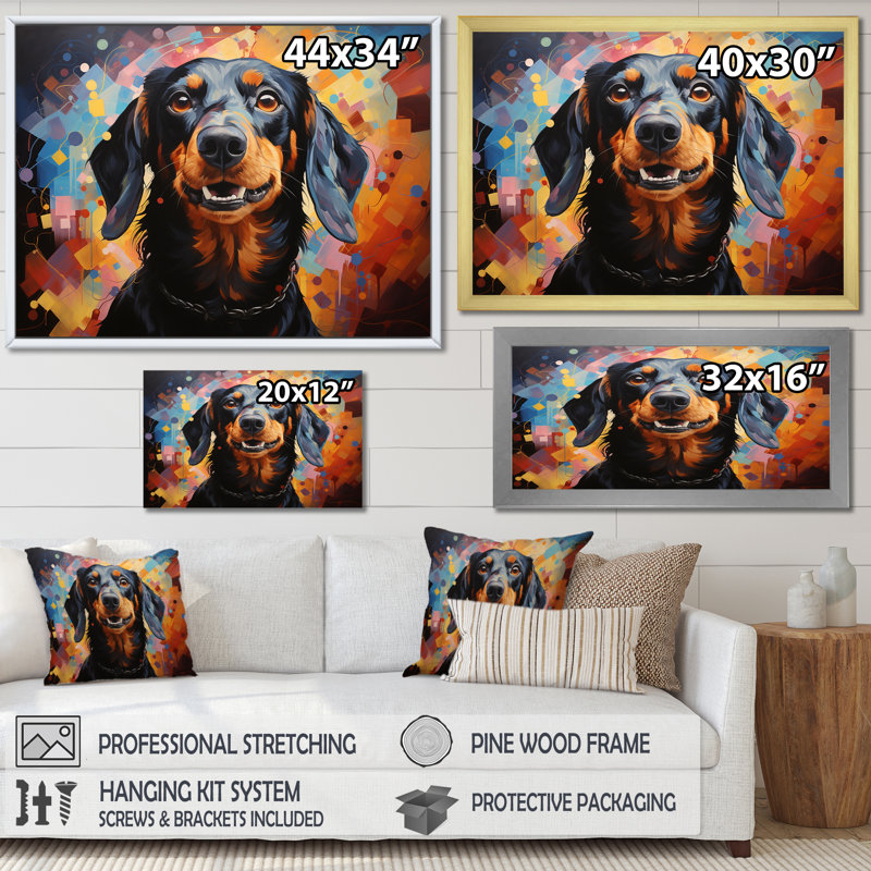Dachshund Delight V sur toile, H 34 po x l 44 po x P 1,5 po, Cadre flottant noir