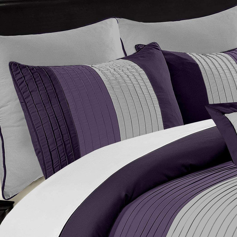 Loft 8-Piece Pleated Stripe Microfiber Comforter Set, Full Comforter + 2 Standard Shams, Purple