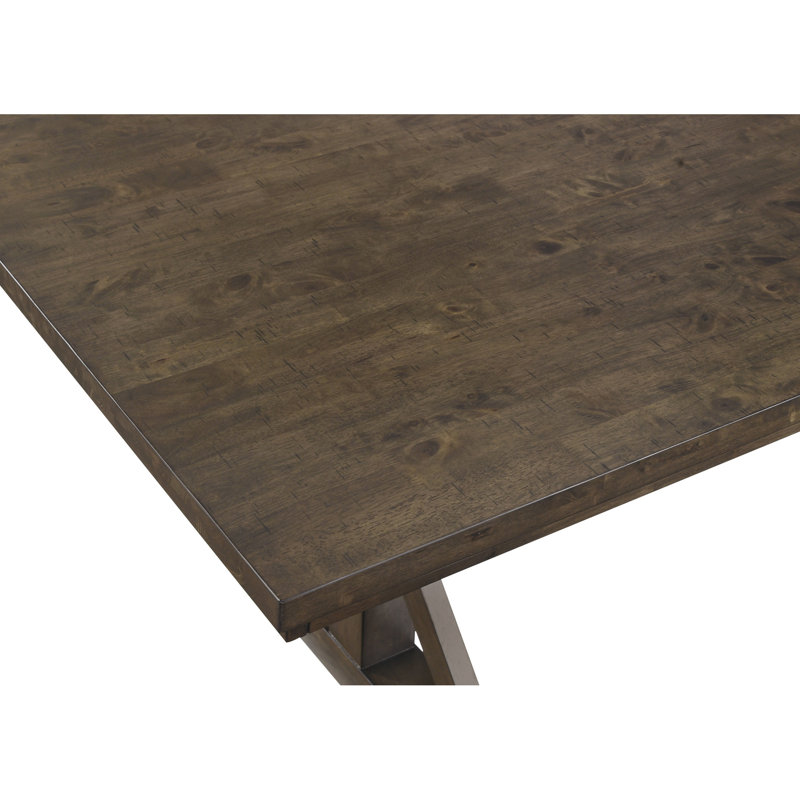 Table de salle à manger 7 pièces à hauteur de comptoir avec table rectangulaire, base en tréteaux, chaises rembourrées, dossier à lattes, finition en bois brun rustique