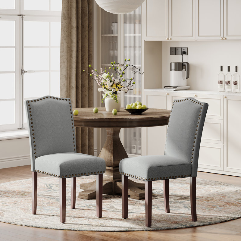 6" Thickened Modern Soft Linen Fabric Upholstered Dining Chair  with Solid Wood Legs, Nailhead Trim, Ergonomic High Back, 2
