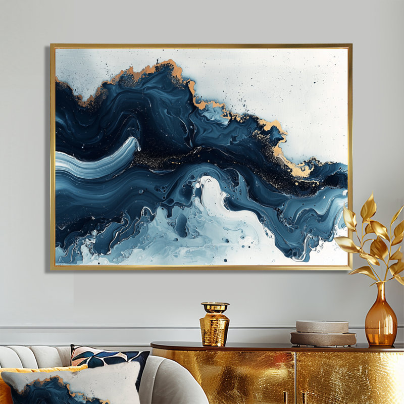 Art sur toile à l'encre liquide dorée et bleue céleste IV, H 30 po x l 40 po, Picture Framed, Doré