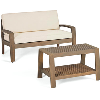 Ensemble de conversation 2 pièces en bois d'acacia gris d'extérieur - Causeuse et table basse avec coussins beiges résistants à l'eau, capacité de 350 lb pour le patio, la terrasse et la cour