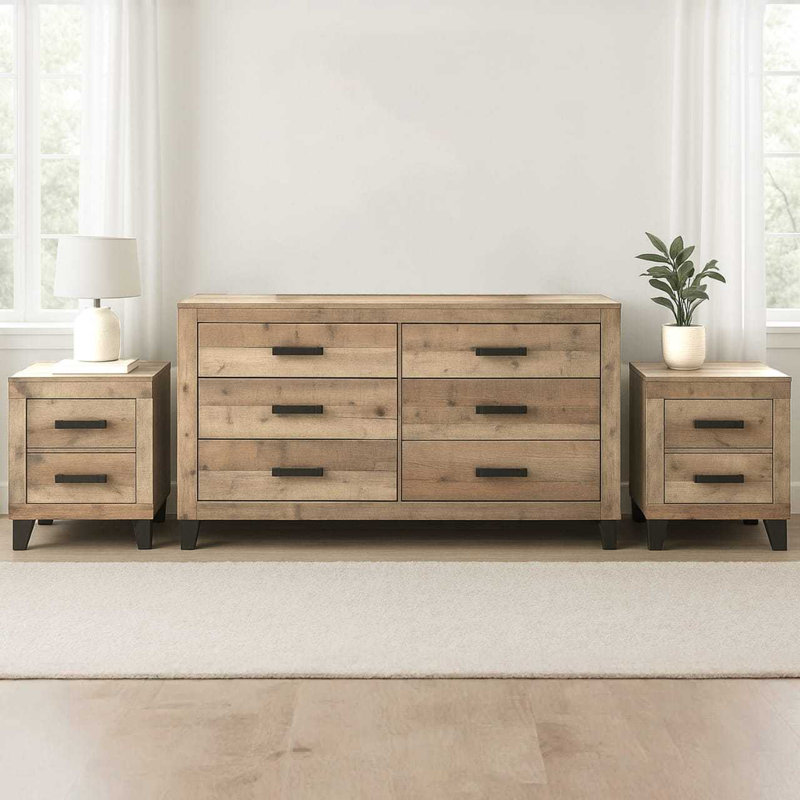 Ensemble de chambre à coucher 3 pièces Biloxi - Commode avec 2 tables de chevet