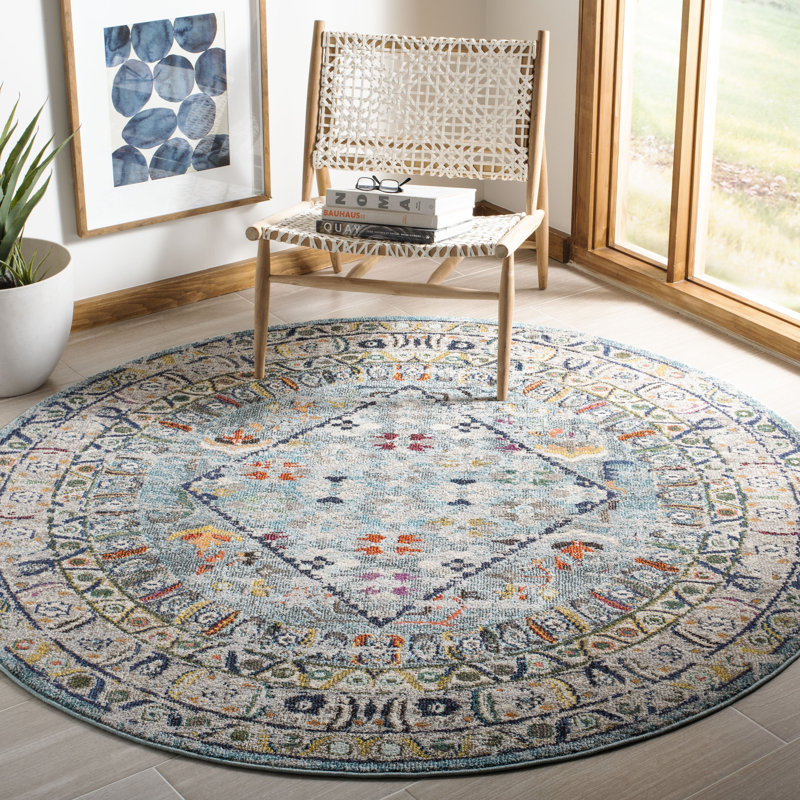 Hertzler Oriental Blue/Light Gray Area Rug, Round 3'