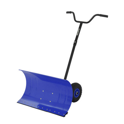 29-Inch Ergonomic Wheeled Snow Shovel – Blue Scoop & Hub, Single Handle for Driveway & Car Snow Removal