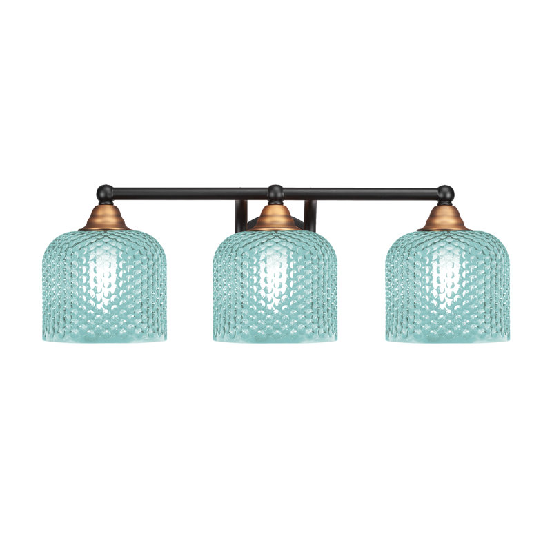 Verre turquoise 6 po Paramount, H 7,5 po x l 22,75 po x P 8 po, Noir mat / laiton, Trois lumières