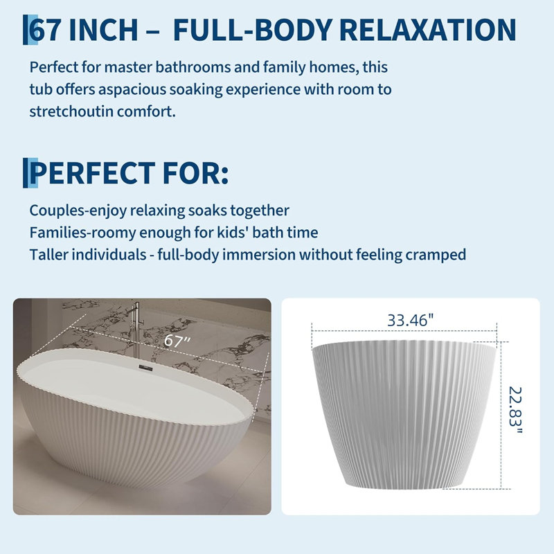 Baignoire autoportante GarveeHome, baignoire autoportante, baignoire autoportante en acrylique au design coquille d'œuf avec drain et trop-plein chromés, baignoire autoportante moderne