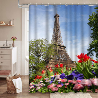 Paris Eiffel Tower Spring Morning France Shower Curtain with 12 Hooks