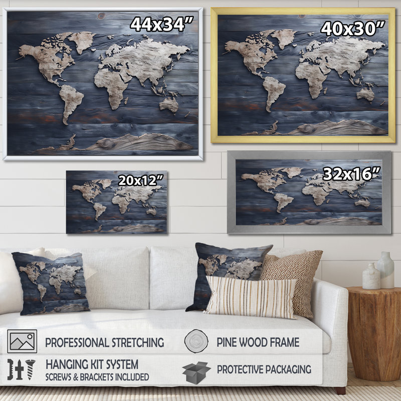 Carte du monde rustique - impression de décoration murale carte du monde, Cadre simple noir, H 34 po x l 44 po x P 1,5 po
