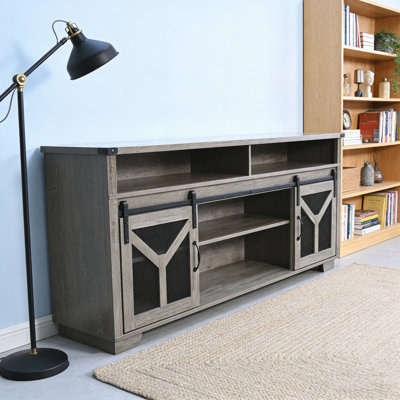 65.3" TV Stand with LED light strips and Iron mesh barn door Y decorative strip white + Black walnut color (top) farmhouse