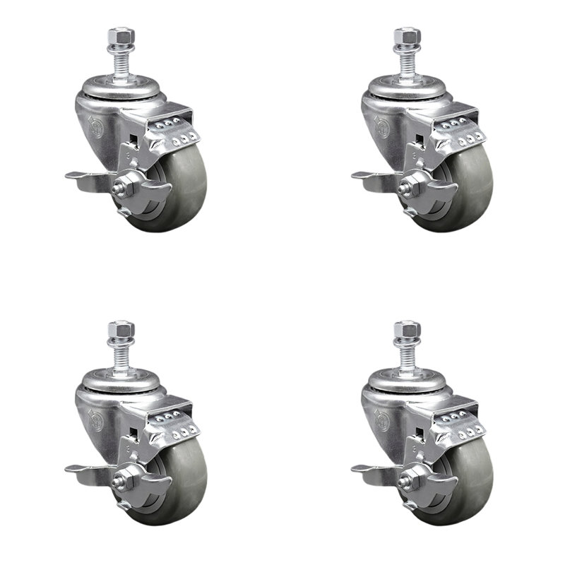 3.5 Inch SS Gray Polyurethane Swivel ½ Inch Threaded Stem Caster Set Brake SCC